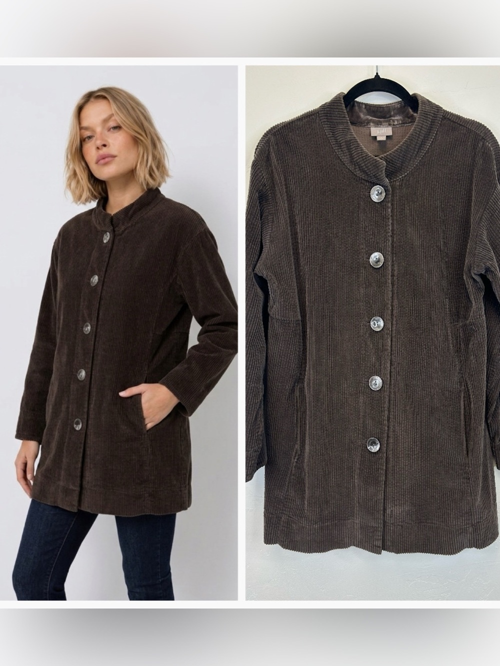 Velvet Corduroy Brown/Gray Shacket Size M J.Jill Boho Classic Button Up Pockets